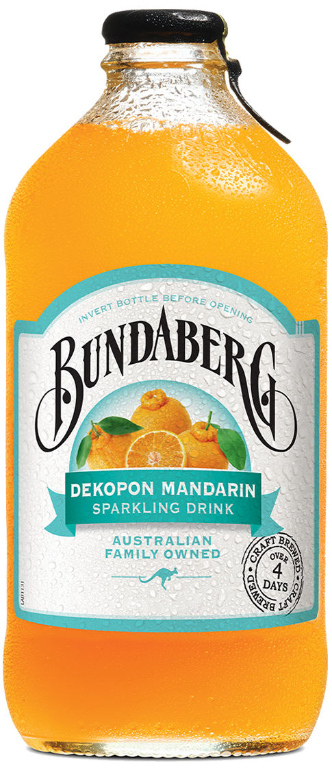 A chilled glass bottle of Bundaberg Dekopon Mandarin Sparkling Drink. The label features the Bundaberg logo and an illustration of bumpy Dekopon mandarins.