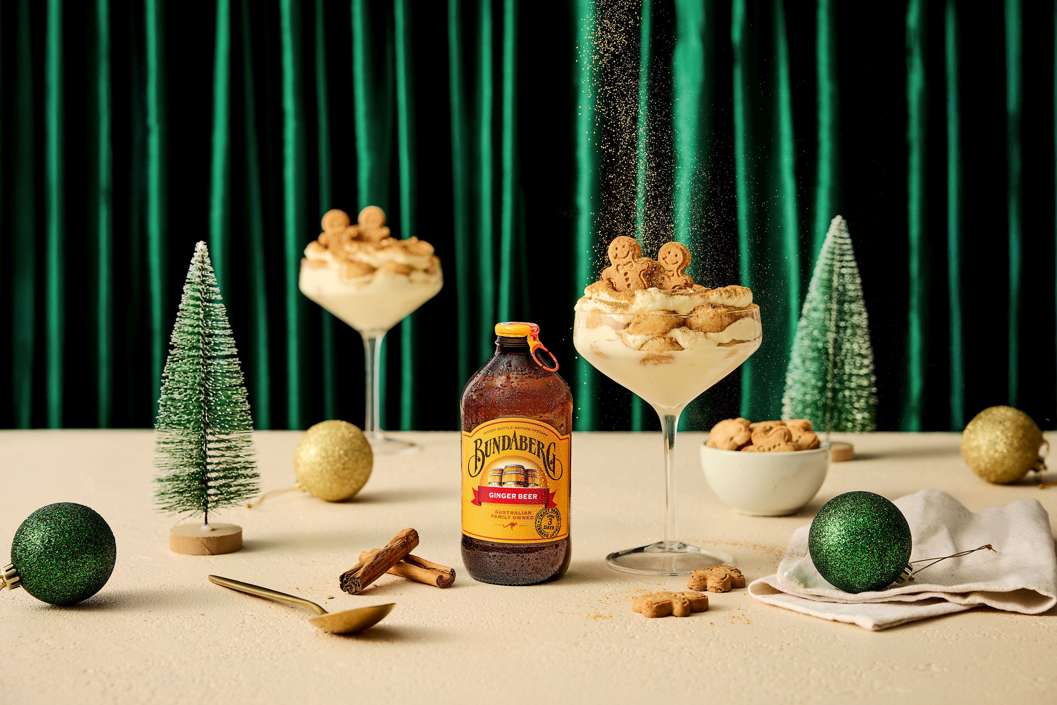 Bundaberg Ginger Beer styled with Christmas in July tiramisu and festive decorations